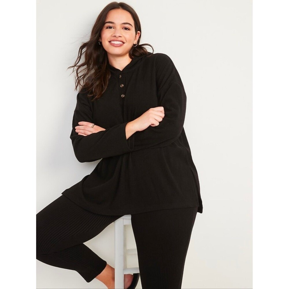 Old Navy Cozy Oversized Rib Knit Black Tunic Henley Hoodie Women's Large